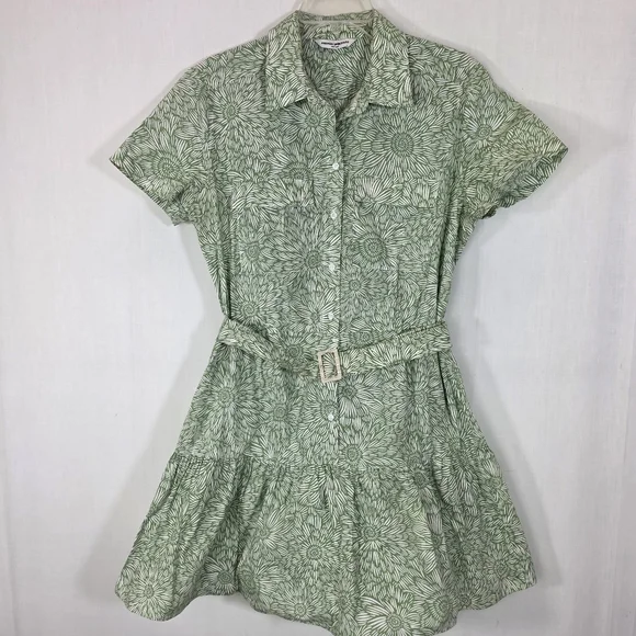 Amanda Uprichard Green & White Floral Belted Mini Shirt Dress - Size L - Picture 2 of 16